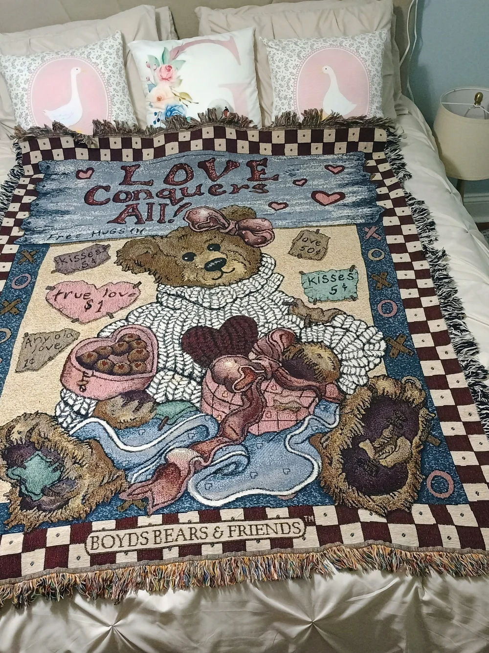 Boyds Bears Pink Blue Cream Teddy Bear Love Throw Blanket